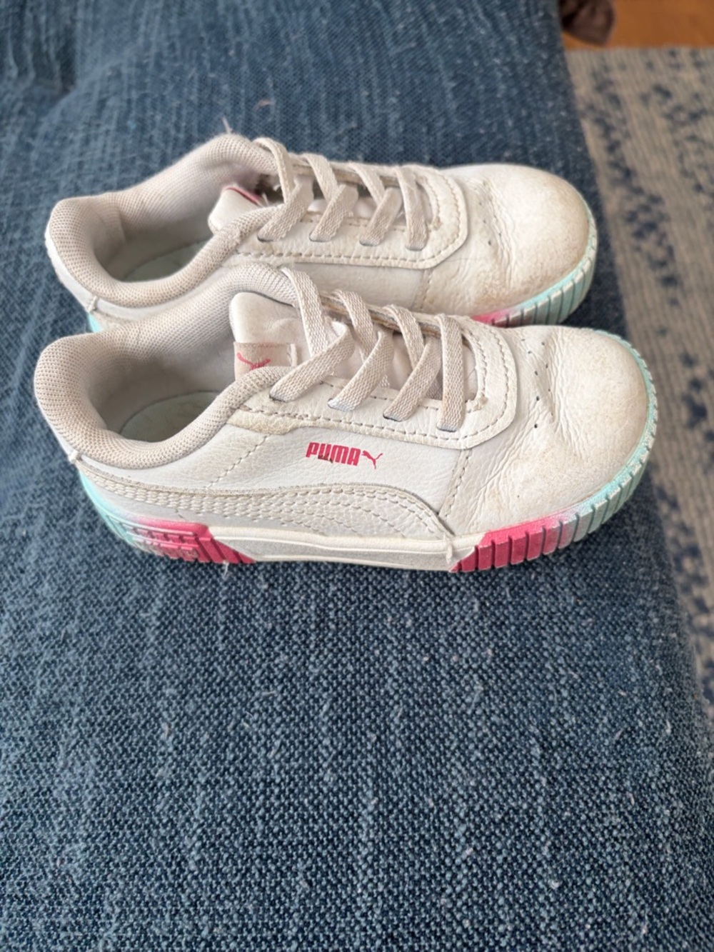 Puma Kids White Sneakers with Pink & blue Sole Accents